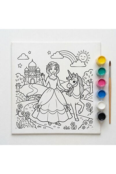 Genel Markalar 20x20 Prenses ve Unicorn Boyama Tuvali Seti – 6 Renk Akrilik B...