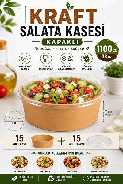 YOK YOK AMBALAJ Kraft Cardboard Salad Bowl with Lid 1100 Cc (38 oz) Set of 15...