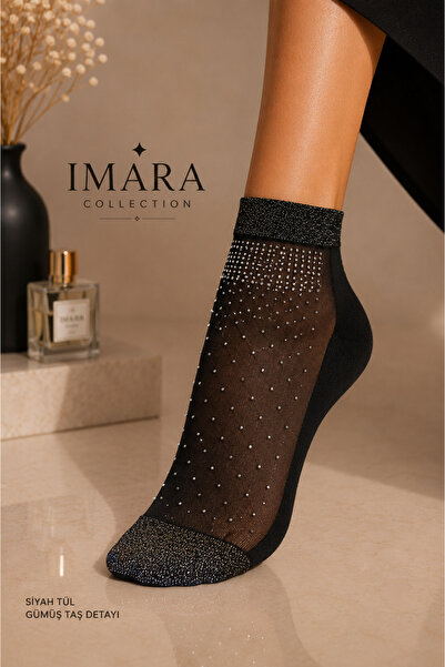 Store İMARA Collection Siyah Tül Gümüş Taşlı Kadın Çorabı | Parfüm Kokulu, Pr...