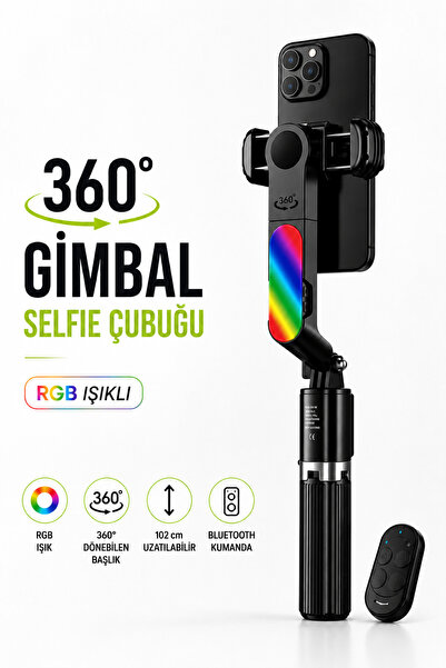 RAYLAX RGB Işıklı Gimbal Selfie Çubuğu 360° Dönebilen Titreşim Önleyici 102CM...