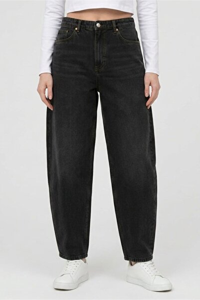 Monki Women Barrel Fit Washed Non Stretchable Jeans, Black
