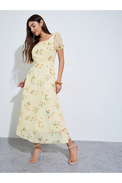 Styli Yellow Floral Square Neck A-Line Midi Dress