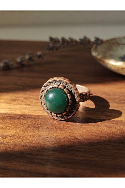 Meneva Aksesuar Jade Natural Stone Handcrafted Copper Framed Adjustable Ring