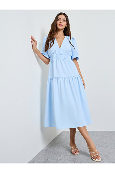Take Two By Styli Blue V Neck A-Line Midi Dress