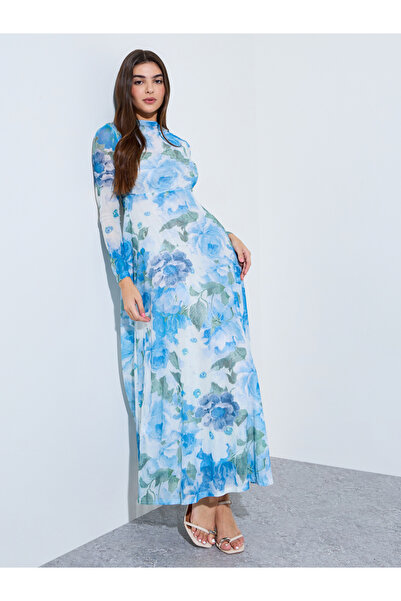 Styli Blue Floral A-Line Maxi Dress with Long Sleeves