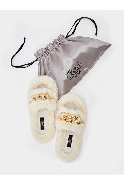 Styli Chain Detail Faux Fur Bedroom Slippers