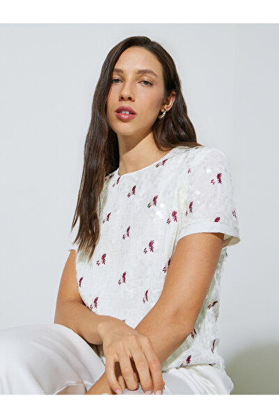 Styli Off White Sequin Embroidered Blouse
