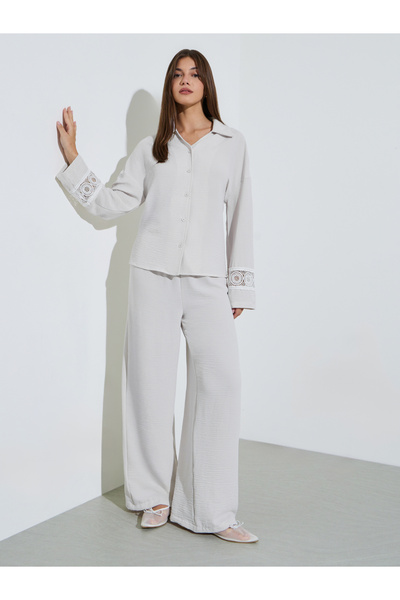 Styli Solid Lace Decorated Cuff Long Sleeve Shirt And Wide Leg Pants Set