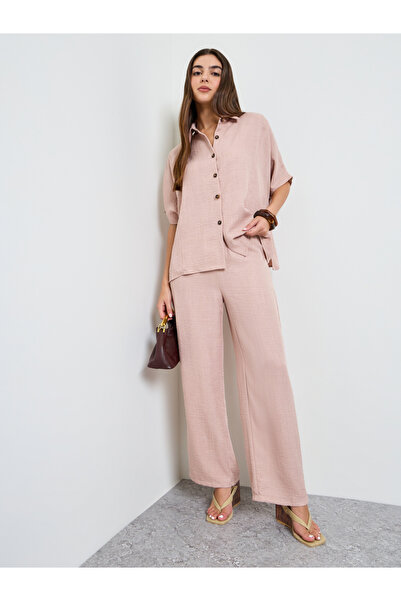 Amirah By Styli Light Pink Relaxed Fit Shirt and Trouser Modest Set