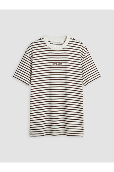 LC Waikiki Lcw Modest Brown Striped 100% Cotton Women's T-Shirt