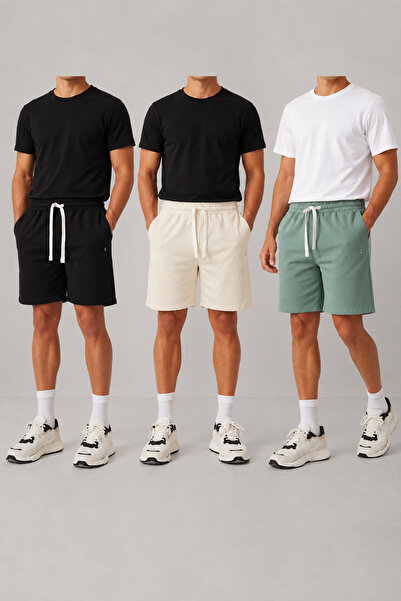 1434 Polo State Men's 3-Piece Basic Shorts Set Black Ecru Soft Green Elastic ...