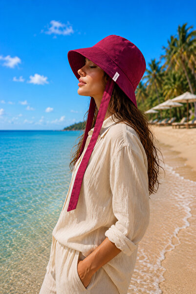 Marina Swimwear Cotton Tie-Up Bucket Hat Burgundy |   Ps2601-6