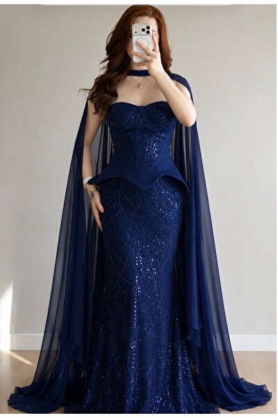 ayşenur Dinçer butik Dilruba Pelerinli Abiye Lacivert