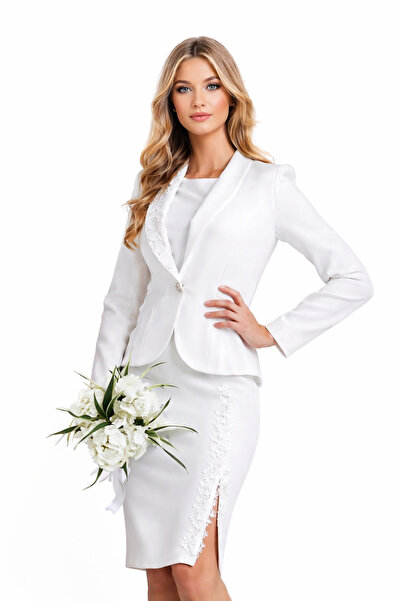 Fofy Compleu elegant dama alb fusta conica cu aplicatie de dantela premium cu...