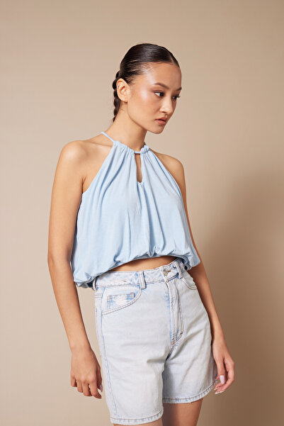 Nisan Halter Neck Balloon Crop Top with Window Detail Blue