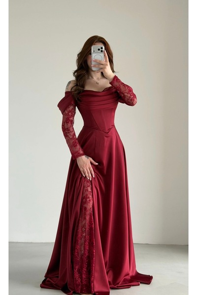 ayşenur Dinçer butik Royal Dantel Detaylı Bordo Abiye