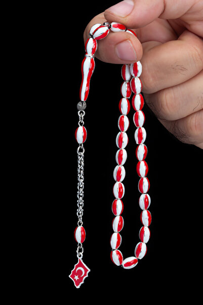 OTTOTESBİH Red and White Moon and Star Tassel Prayer Beads 6X9 mm - Barley Cu...