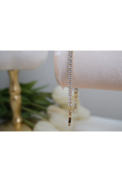 ATELİER TUĞBA Blk564 Classic Waterway Gold Bracelet with Zircon Stones (17 cm...