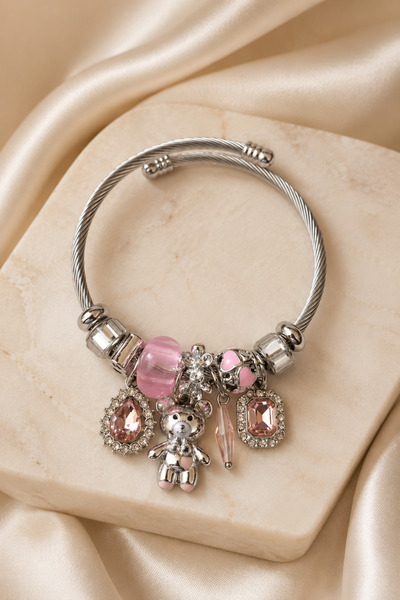 PABALAS Women's Silver Color Steel Charm Bracelet Teddy Bear Heart Pink Beads...