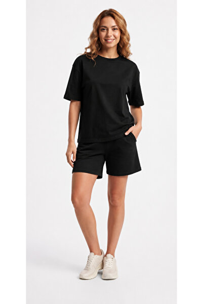 SAAT TEKSTİL Black Women's Tracksuit Shorts Set – Casual and Sports Use