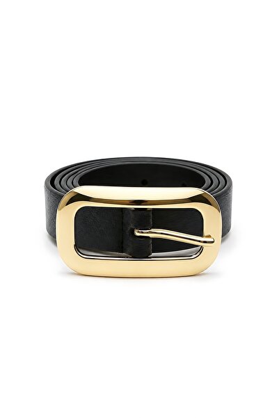 SHAKA Black Shk3011 Women's Gold Wide Rectangular Buckle Faux Leather Waist Belt