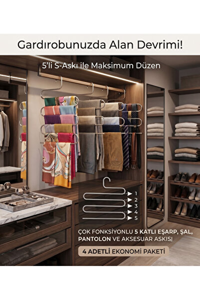 HSY STORE 4 Adet Çok Amaçlı 5 Katlı Metal Pantolon Eşarp Şal Askısı Dolap İçi Düzenleyici Sihirli Askı