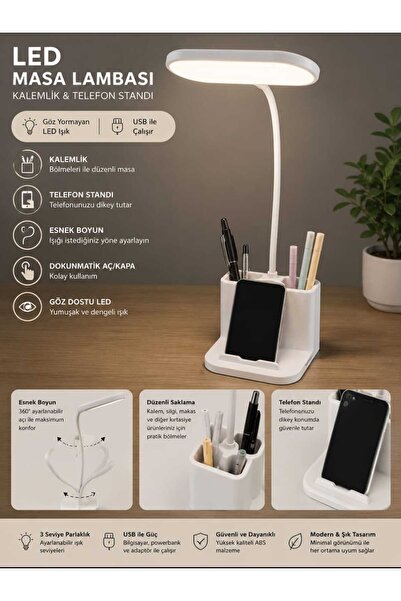 mr shopping MR LED Masa Lambası Kalemlik & Telefon Standlı | USB Şarjlı Dokun...