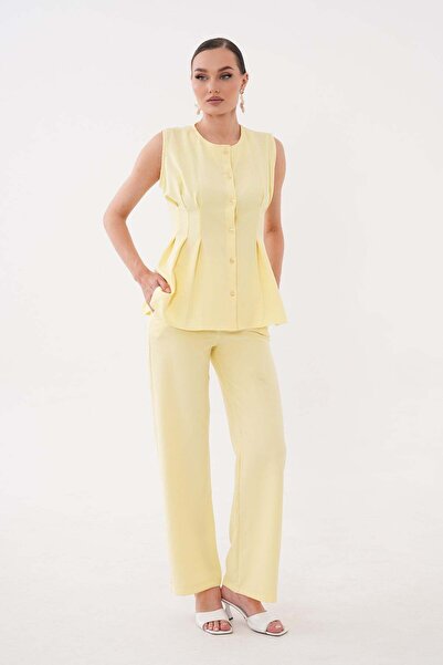 Women's Pleated Detailed Yellow Vest Pants Set