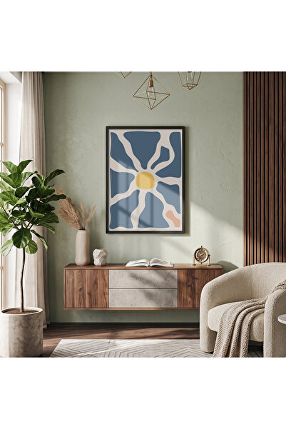 KOLAJTASARIM Tablou abstract Blue Sun cu ramă din lemn negru pentru decorarea...