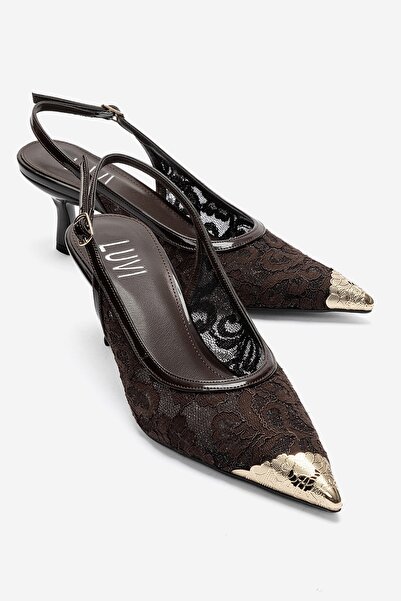 LuviShoes CLEM Kahverengi Dantel Detaylı Altın Burunlu Kadın Topuklu Ayakkabı