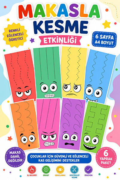 Organik Yolda Preschool Scissor Cutting Activity |   6 Sheets A4 Colorful Cut...