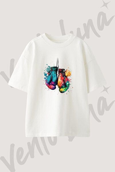 Vento Luna Renkli Boks Eldiveni Tasarım Baskılı Unisex Oversize Kalıp Beyaz T...