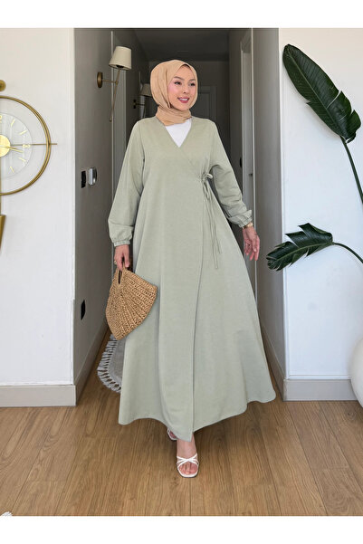 Moda Misali Anvelop Yan Bağlamalı Keten Kimono Elbise