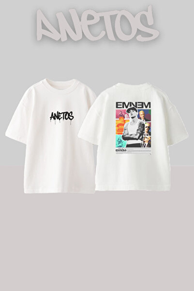 Anetos تي شيرت أبيض كبير الحجم مطبوع بتصميم Eminem_24 للجنسين