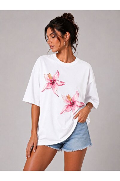 khufu White Oversize Relaxed Fit Orchid Flower Printed Trendy Unisex Cotton T...