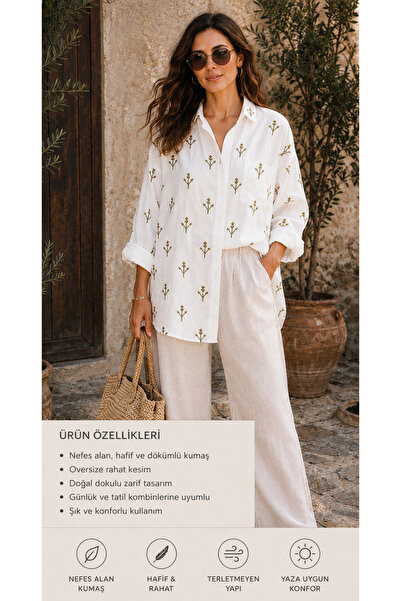 VLİNE STUDİO Olive Breeze Nakışlı Oversize Gömlek