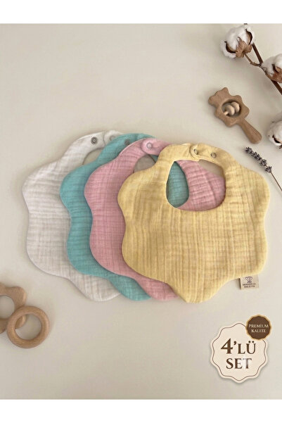 4’lü Çiçek 8 Katlı %100 Pamuk Müslin Bebek Mama Önlüğü Yakalık
