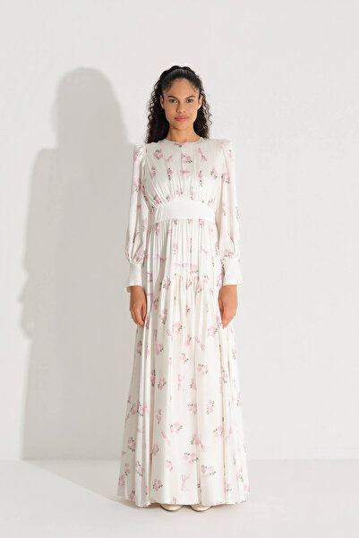 miha Hicran Önal Corset-Like Chiffon Satin Dress Ecru