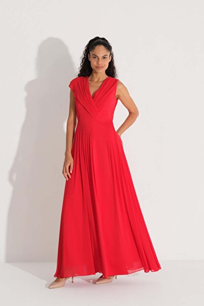 miha Hicran Önal V Yakasa Cut-Out Chiffon Dress Red