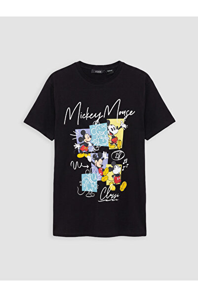 LC Waikiki Black Mickey Mouse Printed 100% Cotton Women's T-Shirt