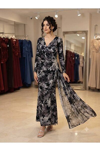 Pyramid masterpieces Velvet Evening Dress with Floral Pattern
