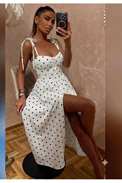 AndraRose Styles Μίντι φόρεμα Ποζιτάνο με πουά και ρυθμιζόμενες τιράντες