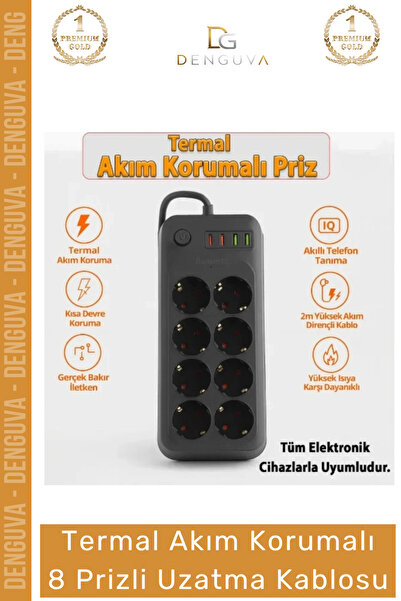 Denguva #Priz USB Portlu IQ Akıllı Şarj Termal Koruma 2 Metre Bakır Kablo Şık...