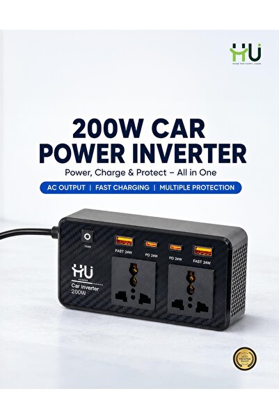 HU HAPPY USER 200W Car Power Inverter – AC Outlet with QC3.0 & PD Fast Chargi...