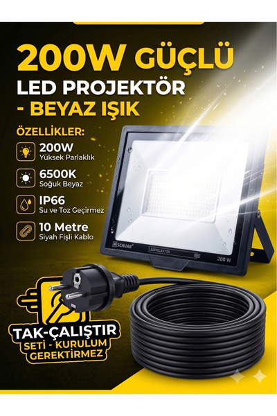 SCHUAR 10 Mt Kablolu 200 Watt Seyyar Led Projektör Aydınlatma. Seyyar Aydınla...