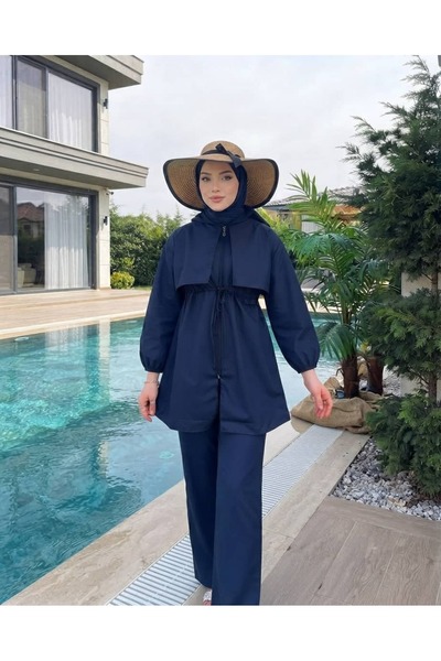 MaşuKa Paraşüt Kumaş Pelerin Detaylı Şık Kadın Tam Tesettür Mayo 3'lü Set ( P...