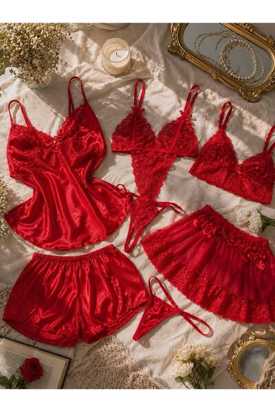 cdh çeyize dair herşey Rovella Red Satin Lace 6 Piece Dowry Nightgown and Dre...