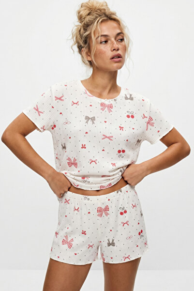 Siyah İnci Ecru Leopard Bow Patterned Crew Neck Soft Touch Summer Ribbed Cott...
