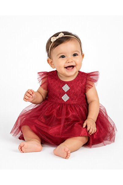 Generic Baby Girl Burgundy Lace & Tulle Dress, 9 Months | Lace Bodice, Soft T...