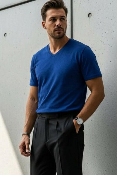 DAMGA JEANS Men's Relaxed Fit Blue Loose V-Neck T-Shirt